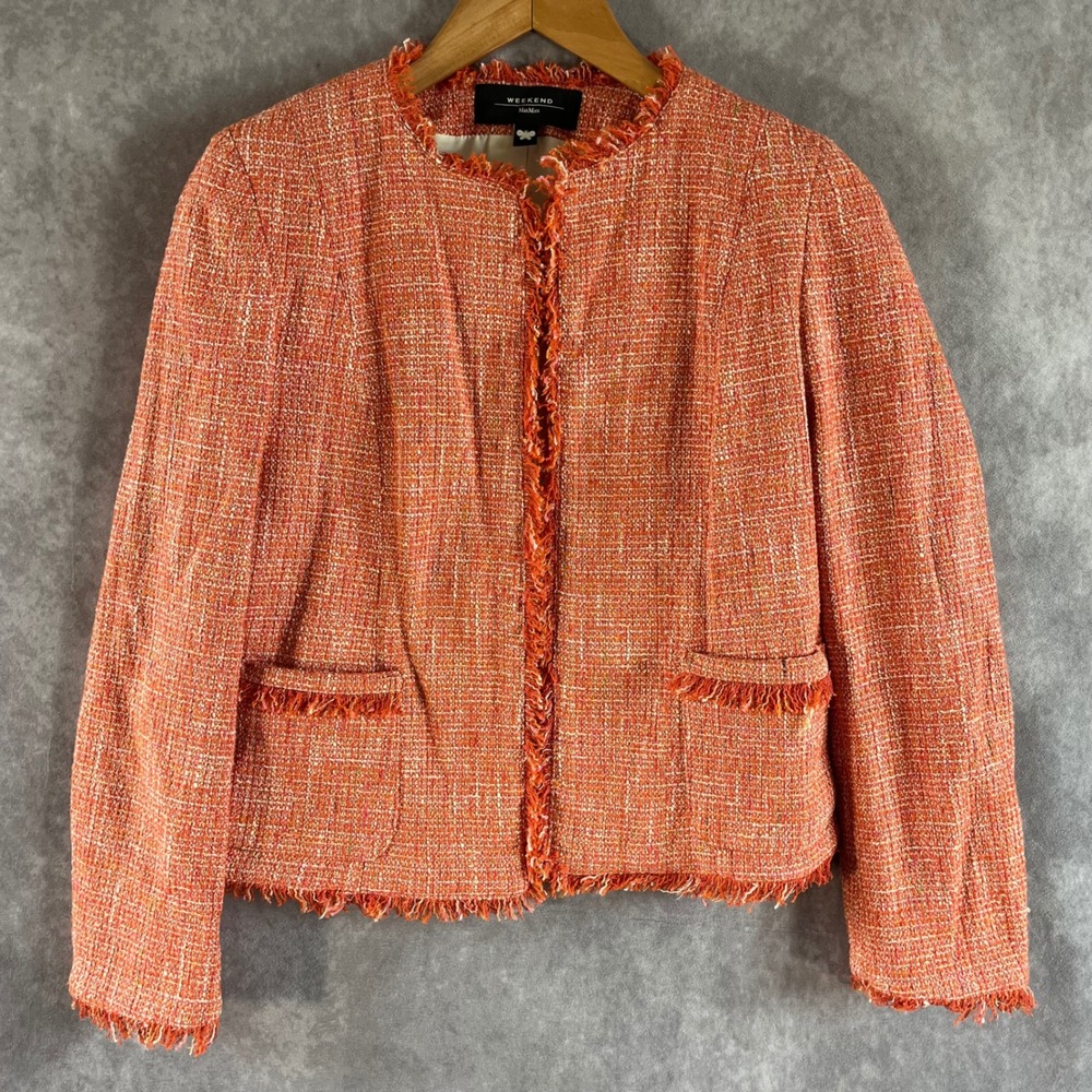 Weekend Max Mara Ponte Jacket Women 4 Orange Tweed Fringe Open Front NEW